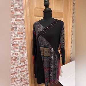 Parsley & Sage L Boho Chic Festival Flowy Patchwork Artsy Asymmetrical Tunic Top